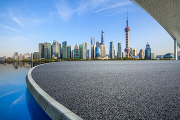 City square and skyline in Shanghai, China.