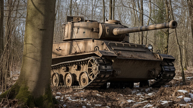 Illustration of a german world war 2 tank in a forest. Generative AI.