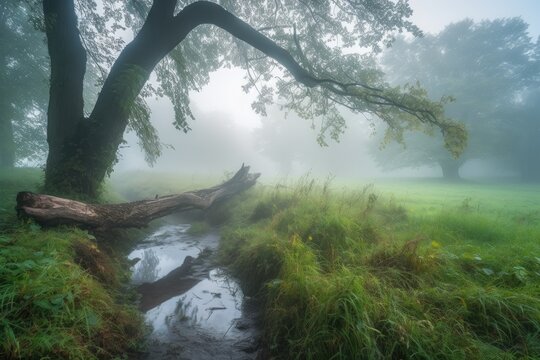 misty morning meadows with a stream and fallen tree, created with generative ai