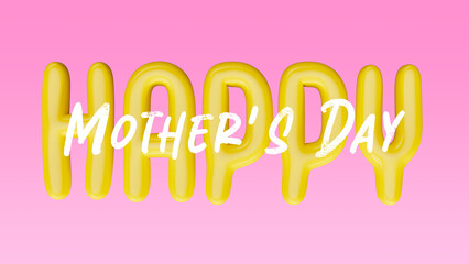 Happy Mother's Day, with white and yellow text isolated on a pink background in shape of balloon