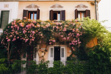 Fototapeta na wymiar mediterranean house with vine-covered exterior, surrounded by blooming flowers and greenery, created with generative ai