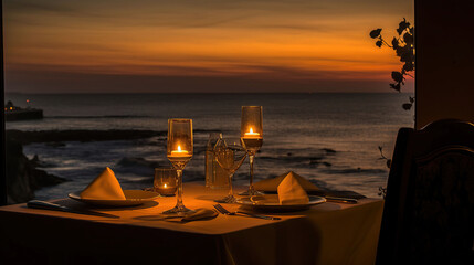 Luxury romantic candlelight dinner table setup for couple in ocean view restaurant, AI Generative