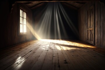 peaceful scene with sun rays shining on a wooden floor, created with generative ai