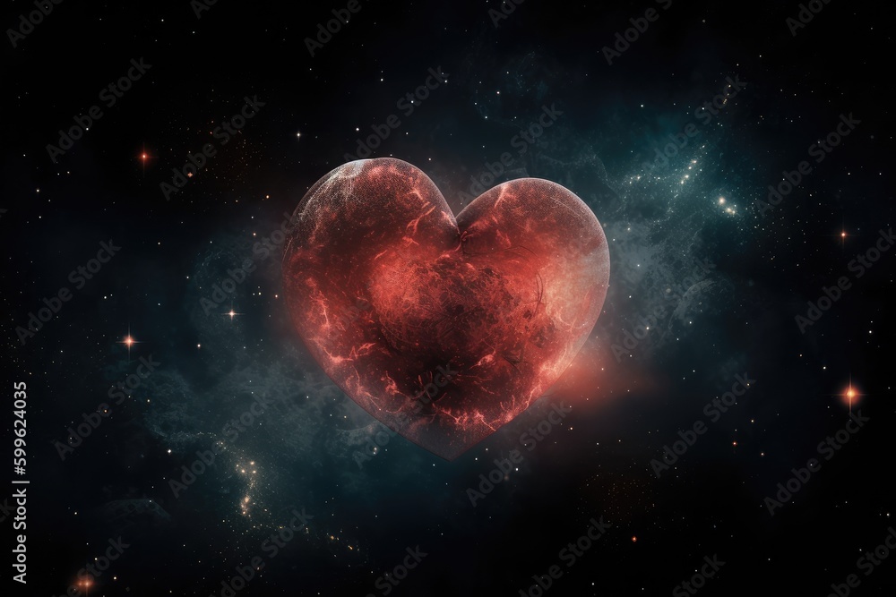 Wall mural heart within nebula, with stars and planets visible in the distance, created with generative ai