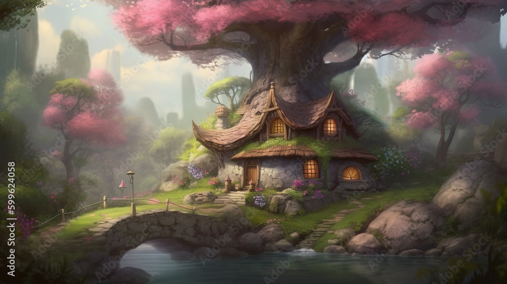 Poster a picture of a tree home located smack dab in the midst of a forest generative ai