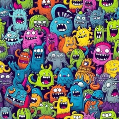 colorful funny doodle cartoon monsters background seamless pattern
