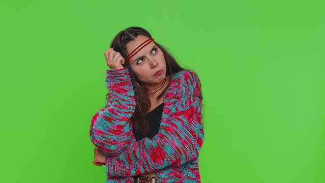 No idea, I dont know answer. Puzzled clueless uncertain attractive woman raising hands in helpless gesture, embarrassed confused by difficult question. Confused girl on green chroma key background