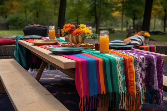 picnic table with a colorful blanket, plates, and glasses set for an elegant outdoor dining experience, created with generative ai