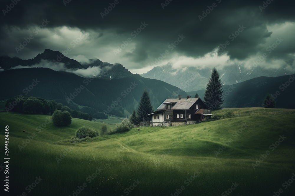 Poster a home set in the middle of a verdant field with mountains in the distance generative ai