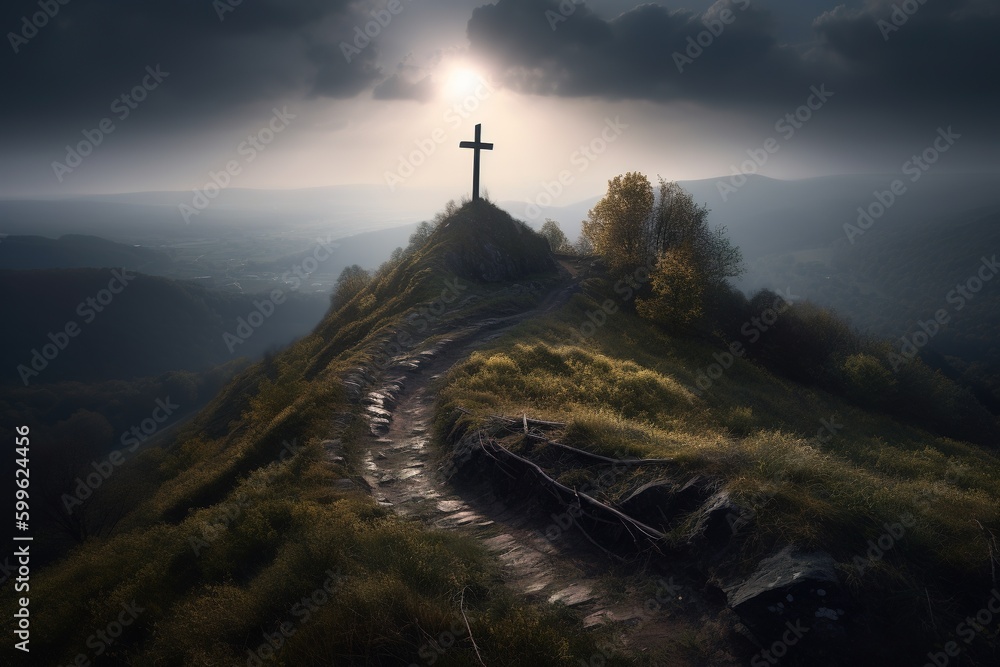 Poster a route that winds its way up to a cross perched on the summit of a hill. generative ai