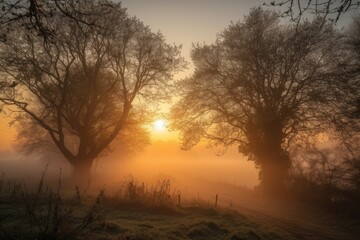 Fototapeta na wymiar misty sunrise, with the sun rising over trees and mist, created with generative ai