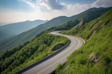 Fototapeta premium scenic highway winding through mountain range, with peaks in the background, created with generative ai