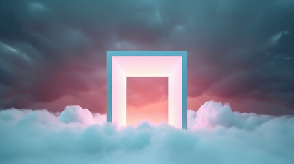 Abstract Illuminated Neon Squares and Surreal Clouds in Pastel Aesthetic With Copy Space - Generative AI
