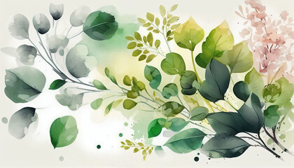 A watercolor painting of a flower with green leaves and flowers, Generative AI