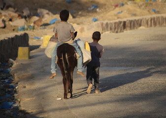 A displaced Yemeni child carries water with his brother on the back of a donkey due to the war and...