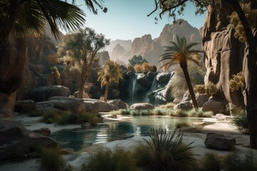 oasis surrounded by towering rock formations and rushing waterfalls, created with generative ai