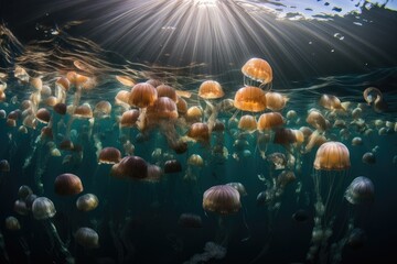 jellyfish school swimming in the open ocean, created with generative ai