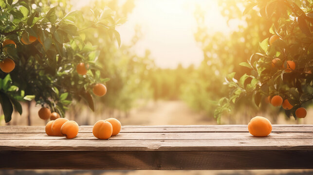 Wooden table place of free space for your decoration and orange trees with fruits in sun light. Copy space, commercial photography. AI Generative