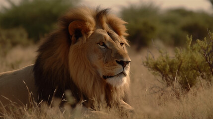 Obraz na płótnie Canvas A majestic lion resting in the savanna Generative AI 