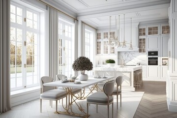 Luxury dining room in classic style with white walls and wooden floor