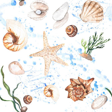 Watercolor illustration of a sea-themed seamless pattern with algae, shells, pearls, starfish, stones on a background of blue splashes isolated on a transparent background