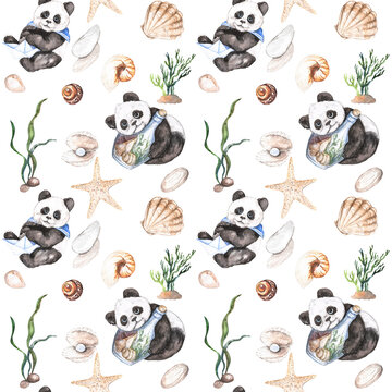 Watercolor illustration of a seamless pattern with cute pandas in a marine theme with algae, stones, shells, starfish isolated on a transparent background