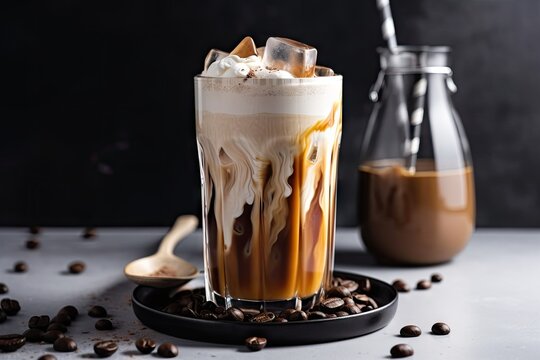 iced coffee latte in clear glass mug, with swirled milk and chocolate syrup, created with generative ai