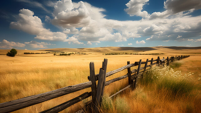 A picturesque and idyllic countryside scene featuring golden fields of wheat, rustic wooden fences, and a bright blue sky dotted with fluffy white clouds.