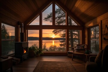 cozy cabin retreat with view of sunset over the lake, created with generative ai