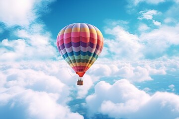 Hot air balloon floating peacefully on top of white fluffly clouds. Generative AI.