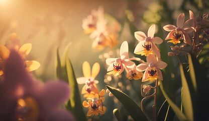 orchid flowers on spring and summer season, blooming at colorful wild flower field with natural sunlight background scene.