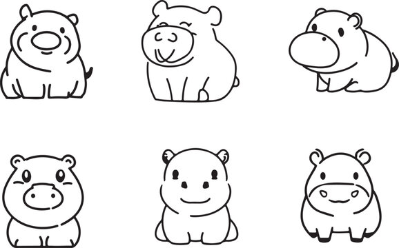 Set of Cute tiny Hippo line art vector illustrations