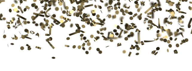 Golden confetti falling down isolated on transparent background.
