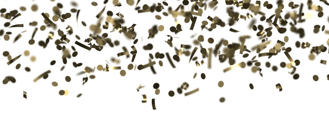 Golden confetti falling down isolated on transparent background.