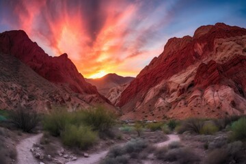 Fototapeta na wymiar fiery canyon sunset, with the sun disappearing behind a mountain range, casting a warm glow on the red rocks, created with generative ai
