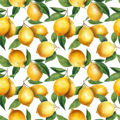 A seamless watercolor lemon pattern on white background.