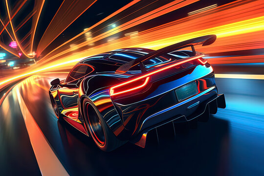 A high-speed sports car driving at night. AI technology generated image