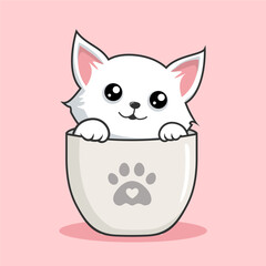 Cat in Mug Cartoon - Cute White Pussy Cat Play in Cups Mug