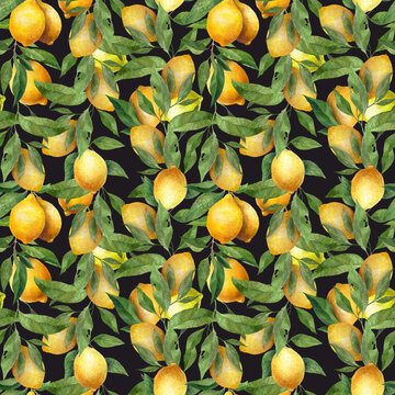 Bright yellow watercolor lemons and green leaves seamless pattern on black background. Botanical illustration