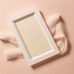 A wooden frame decorated with fabric, blank frame for images, photos, text. Top view mockup. Coral-colored background. Generative AI