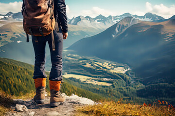 Traveler hiking with backpacks. AI technology generated image