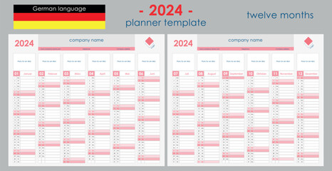 2024 Planner Calendar. Wall organizer, yearly planner template. Vector, German language. Copy space