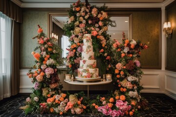 wedding cake tower with cascading florals and greenery, created with generative ai