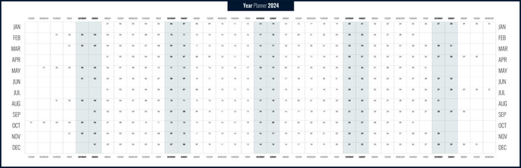Long planner 2024. Yearly calendar template, one page, simple with copy space, horizontal, English