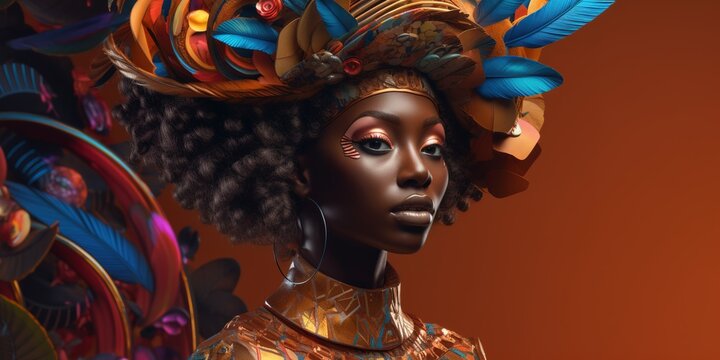 Abstract Fashionable Studio Shot Portrait Of Beautiful African American Woman Wearing Colorful Custom Over Orange Background. Generative AI