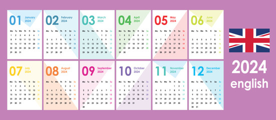 Calendar for 2024. Simple and clean, geometric figures as a background. Pocket cards. Wall, office calendar. Week starts monday.