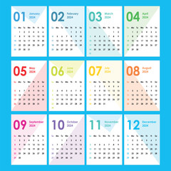 Calendar 2024. Geometric colorful figures background. Sunday. Pocket cards. Wall, office calendar. English language.