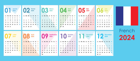 Calendar 2024. Simple clean Geometric colorful figures, background. Pocket cards. Wall, office calendar. French language.