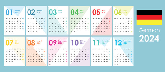 Calendar 2024. Simple clean Geometric colorful figures, background. Pocket cards. Wall, office calendar. German language.