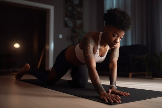 Africa American woman with tattoos doing yoga at home living room. Generative AI